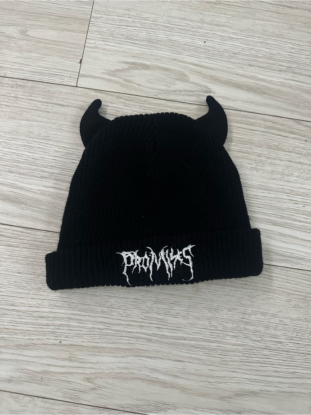 Black Devil Horn Knit Beanie with White Embroidered Logo